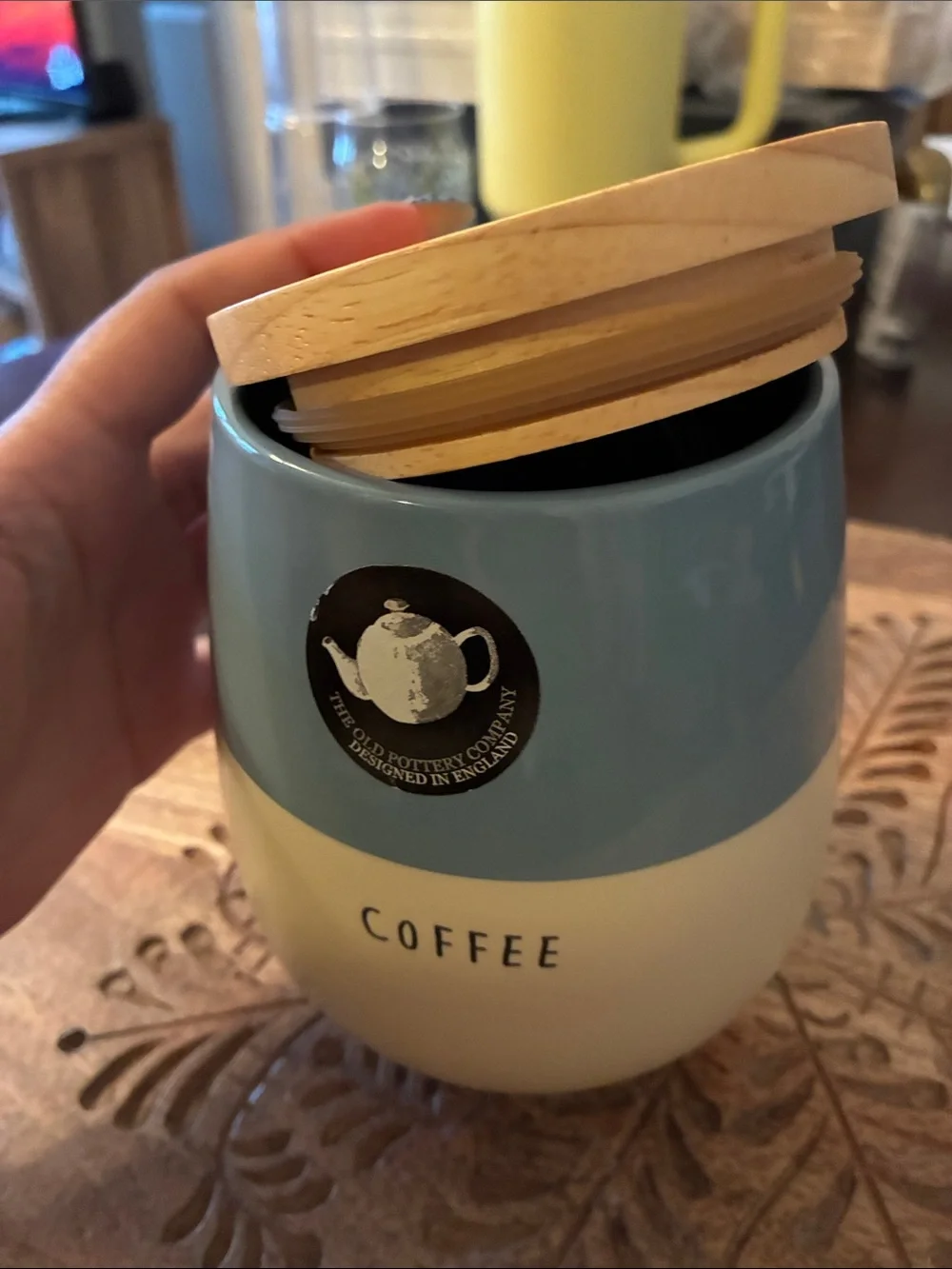 Blue & Cream Coffee Canister with Bamboo Lid